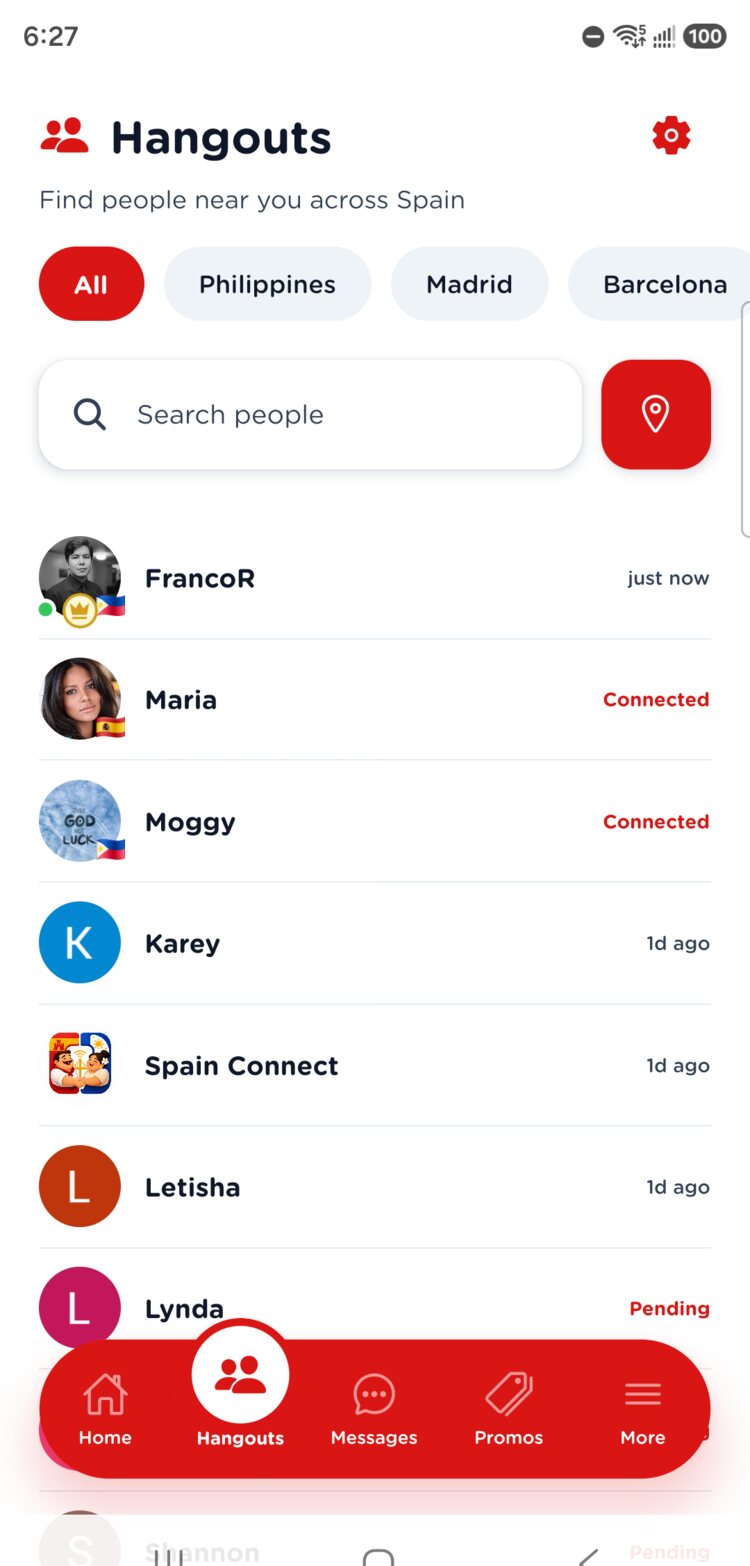 Hangouts screen showing nearby community members